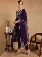 Ahika Women Purple Silk Blend Woven Design A-Line Kurta Pant Set With Dupatta