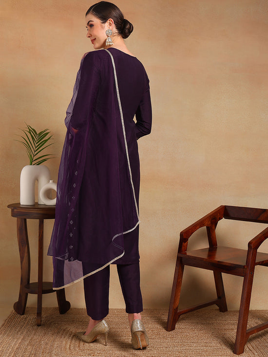 Ahika Women Purple Silk Blend Woven Design A-Line Kurta Pant Set With Dupatta