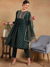 Ahika Women Green Silk Blend Woven Design A-Line Kurta Pant Set With Dupatta