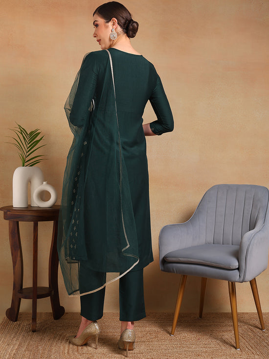 Ahika Women Green Silk Blend Woven Design A-Line Kurta Pant Set With Dupatta