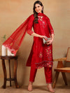 Ahika Women Red Silk Blend Embroidered Straight Kurta Pant Set With Dupatta