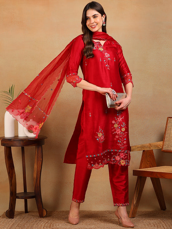 Ahika Women Red Silk Blend Embroidered Straight Kurta Pant Set With Dupatta