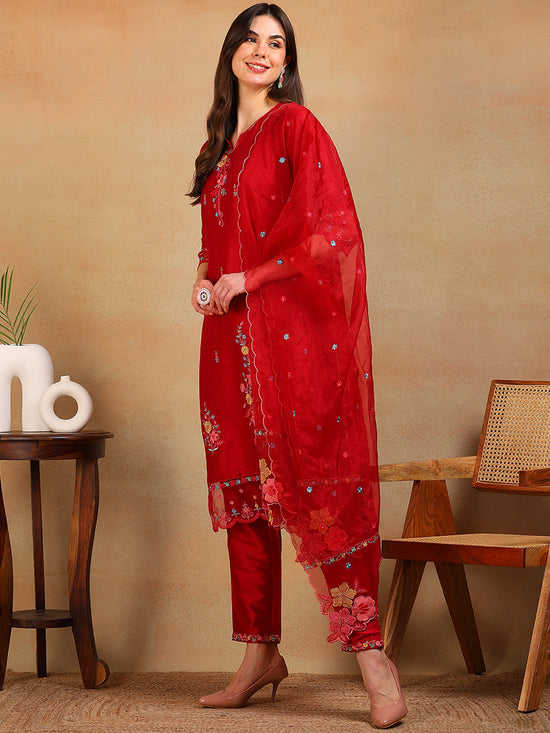 Ahika Women Red Silk Blend Embroidered Straight Kurta Pant Set With Dupatta