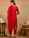 Ahika Women Red Silk Blend Embroidered Straight Kurta Pant Set With Dupatta