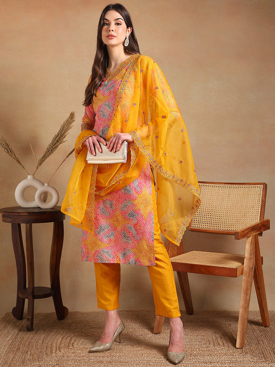 Ahika Women Yellow Viscose Rayon Printed Straight Kurta Pant Set With Dupatta