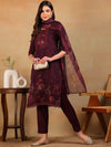 Ahika Women Purple Organza Embroidered Straight Kurta Pant Set With Dupatta