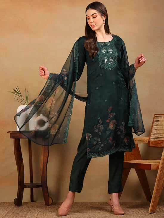 Ahika Women Green Organza Embroidered Straight Kurta Pant Set With Dupatta