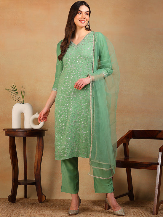 Ahika Women Green Silk Blend Embroidered Straight Kurta Pant Set With Dupatta