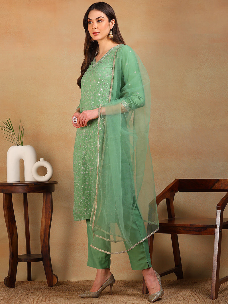 Ahika Women Green Silk Blend Embroidered Straight Kurta Pant Set With Dupatta