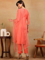 Ahika Women Coral Silk Blend Embroidered Straight Kurta Pant Set With Dupatta