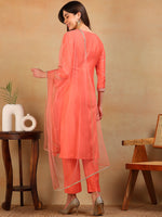 Ahika Women Coral Silk Blend Embroidered Straight Kurta Pant Set With Dupatta