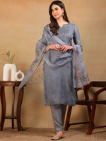 Ahika Women Grey Organza Embroidered Straight Kurta Pant Set With Dupatta