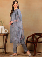 Ahika Women Grey Organza Embroidered Straight Kurta Pant Set With Dupatta