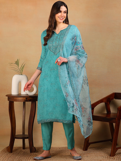 Ahika Women Turquoise Blue Organza Embroidered Straight Kurta Pant Set With Dupatta