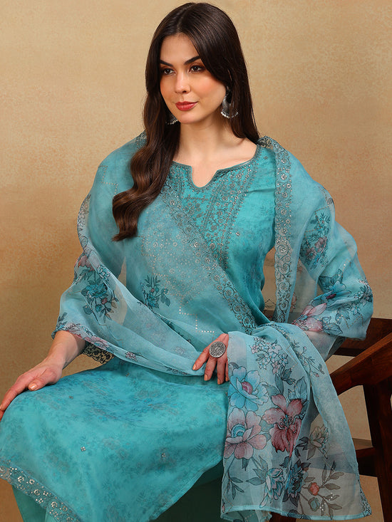 Ahika Women Turquoise Blue Organza Embroidered Straight Kurta Pant Set With Dupatta