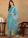 Ahika Women Turquoise Blue Organza Embroidered Straight Kurta Pant Set With Dupatta