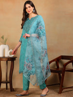 Ahika Women Turquoise Blue Organza Embroidered Straight Kurta Pant Set With Dupatta