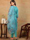 Ahika Women Turquoise Blue Organza Embroidered Straight Kurta Pant Set With Dupatta