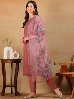 Ahika Women Mauve Organza Embroidered Straight Kurta Pant Set With Dupatta