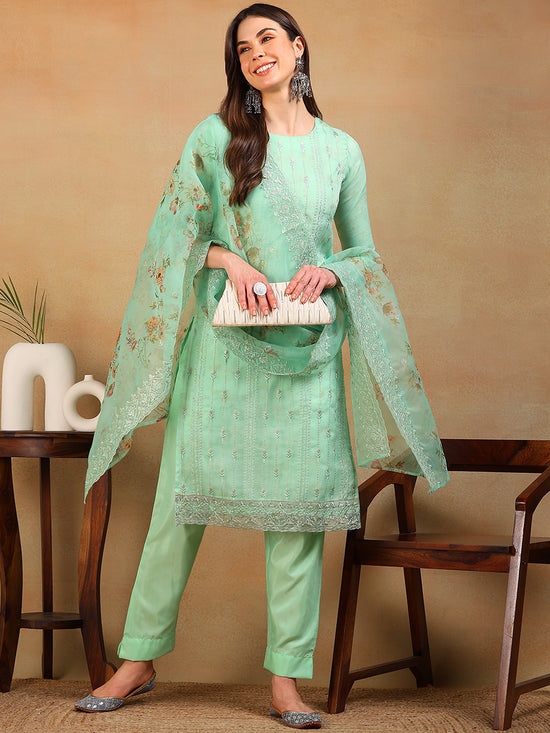 Ahika Women Sea Green Organza Embroidered Straight Kurta Pant Set With Dupatta