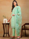 Ahika Women Sea Green Organza Embroidered Straight Kurta Pant Set With Dupatta