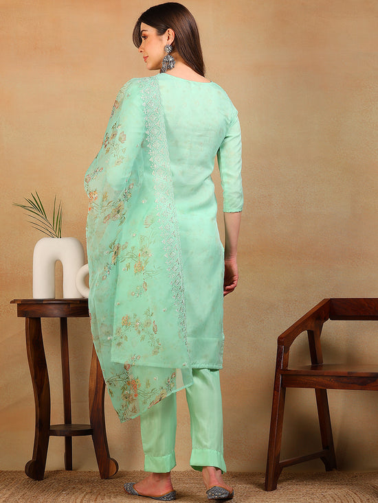 Ahika Women Sea Green Organza Embroidered Straight Kurta Pant Set With Dupatta