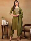 Ahika Women Olive Silk Blend Embroidered Straight Kurta Pant Set With Dupatta