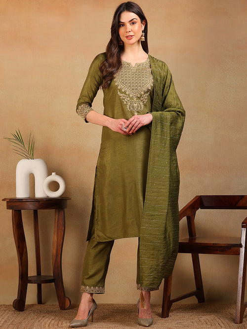 Ahika Women Olive Silk Blend Embroidered Straight Kurta Pant Set With Dupatta