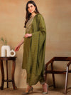 Ahika Women Olive Silk Blend Embroidered Straight Kurta Pant Set With Dupatta