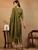 Ahika Women Olive Silk Blend Embroidered Straight Kurta Pant Set With Dupatta