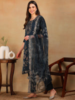 Ahika Women Navy Blue Organza Embroidered Straight Kurta Pant Set With Dupatta