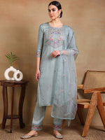 Ahika Women Grey Organza Embroidered Straight Kurta Pant Set With Dupatta