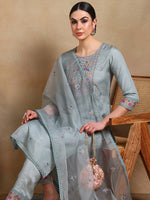 Ahika Women Grey Organza Embroidered Straight Kurta Pant Set With Dupatta