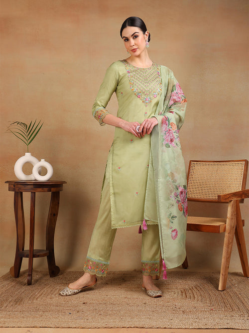 Ahika Women Green Organza Embroidered Straight Kurta Pant Set With Dupatta