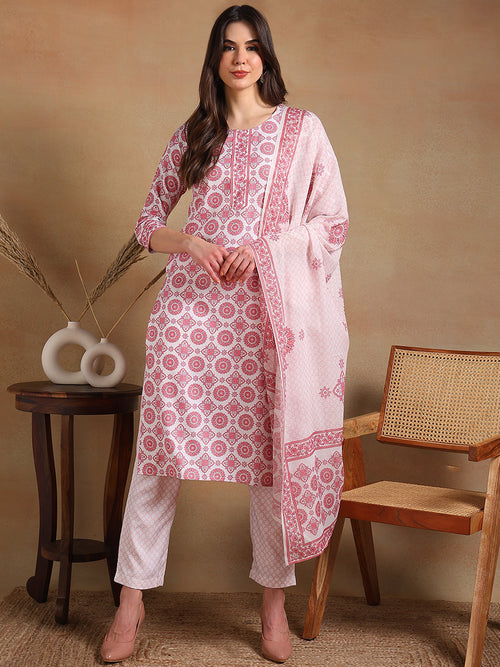 Ahika Women Off White Rayon Blend Printed Straight Kurta Pant Set With Dupatta