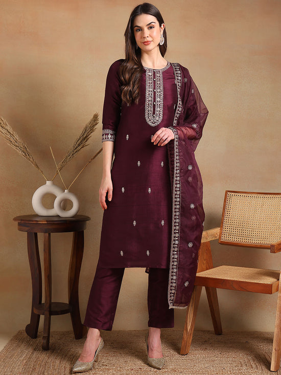 Ahika Women Burgundy Silk Blend Embroidered Straight Kurta Pant Set With Dupatta