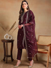 Ahika Women Burgundy Silk Blend Embroidered Straight Kurta Pant Set With Dupatta