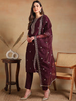 Ahika Women Burgundy Silk Blend Embroidered Straight Kurta Pant Set With Dupatta