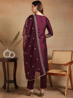 Ahika Women Burgundy Silk Blend Embroidered Straight Kurta Pant Set With Dupatta