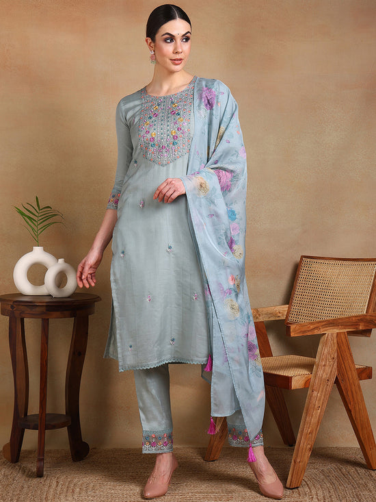 Ahika Women Grey Organza Embroidered Straight Kurta Pant Set With Dupatta