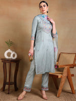 Ahika Women Grey Organza Embroidered Straight Kurta Pant Set With Dupatta