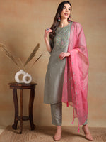 Ahika Women Grey Silk Blend Embroidered Straight Kurta Pant Set With Dupatta