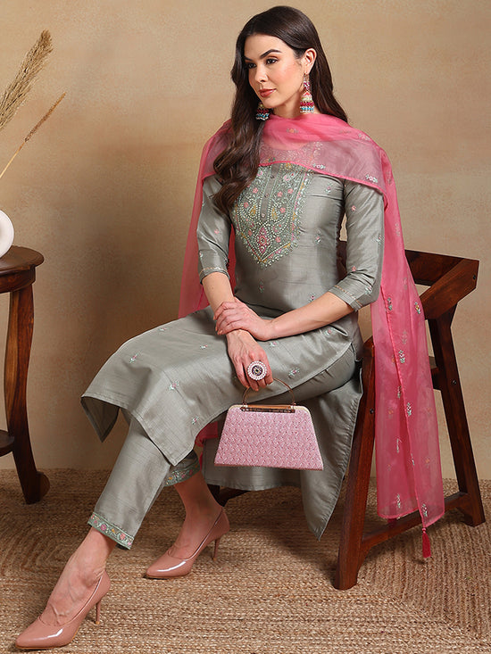 Ahika Women Grey Silk Blend Embroidered Straight Kurta Pant Set With Dupatta