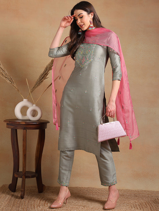 Ahika Women Grey Silk Blend Embroidered Straight Kurta Pant Set With Dupatta