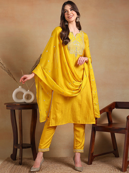 Ahika Women Yellow Silk Blend Embroidered Straight Kurta Pant Set With Dupatta