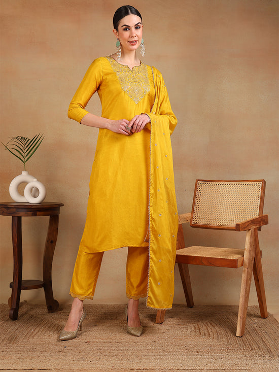 Ahika Women Yellow Silk Blend Yoke Design Straight Kurta Pant Set With Dupatta