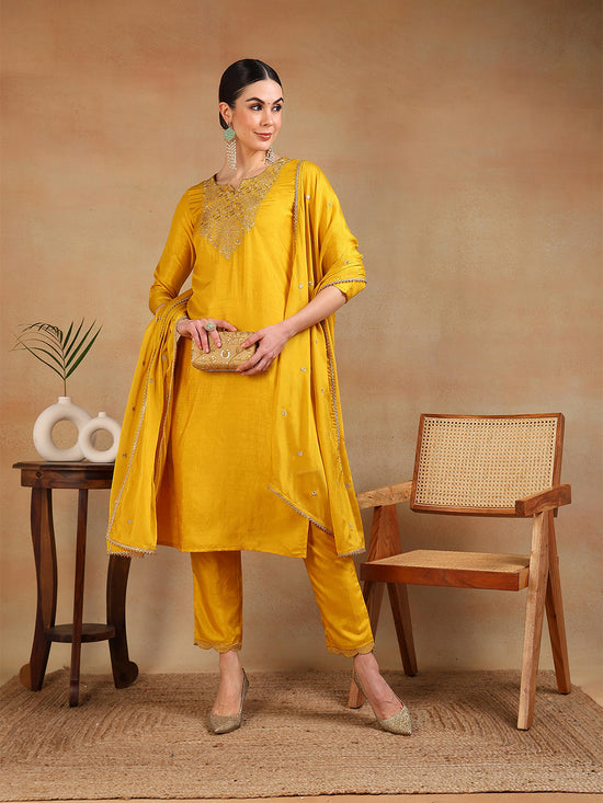 Ahika Women Yellow Silk Blend Yoke Design Straight Kurta Pant Set With Dupatta