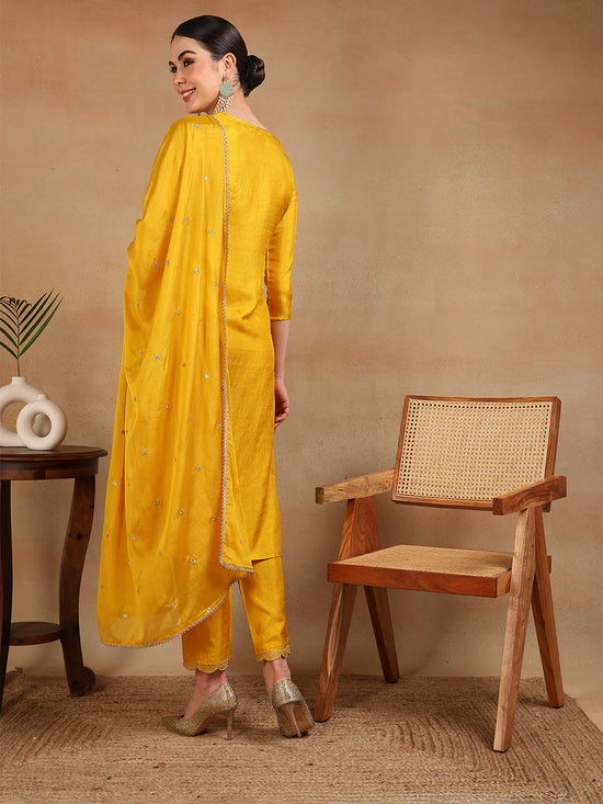 Ahika Women Yellow Silk Blend Yoke Design Straight Kurta Pant Set With Dupatta