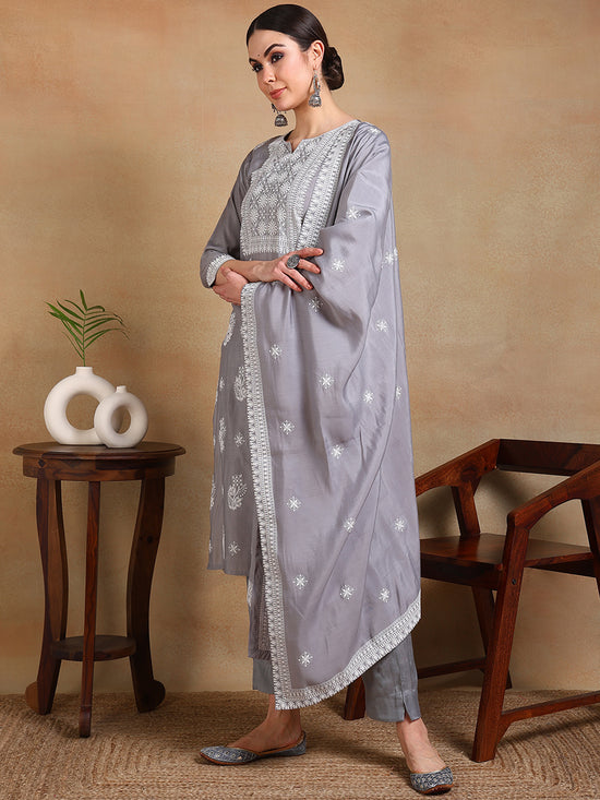 Ahika Women Grey Silk Blend Solid Straight Kurta Pant Set With Dupatta