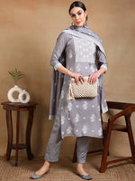 Ahika Women Grey Silk Blend Solid Straight Kurta Pant Set With Dupatta